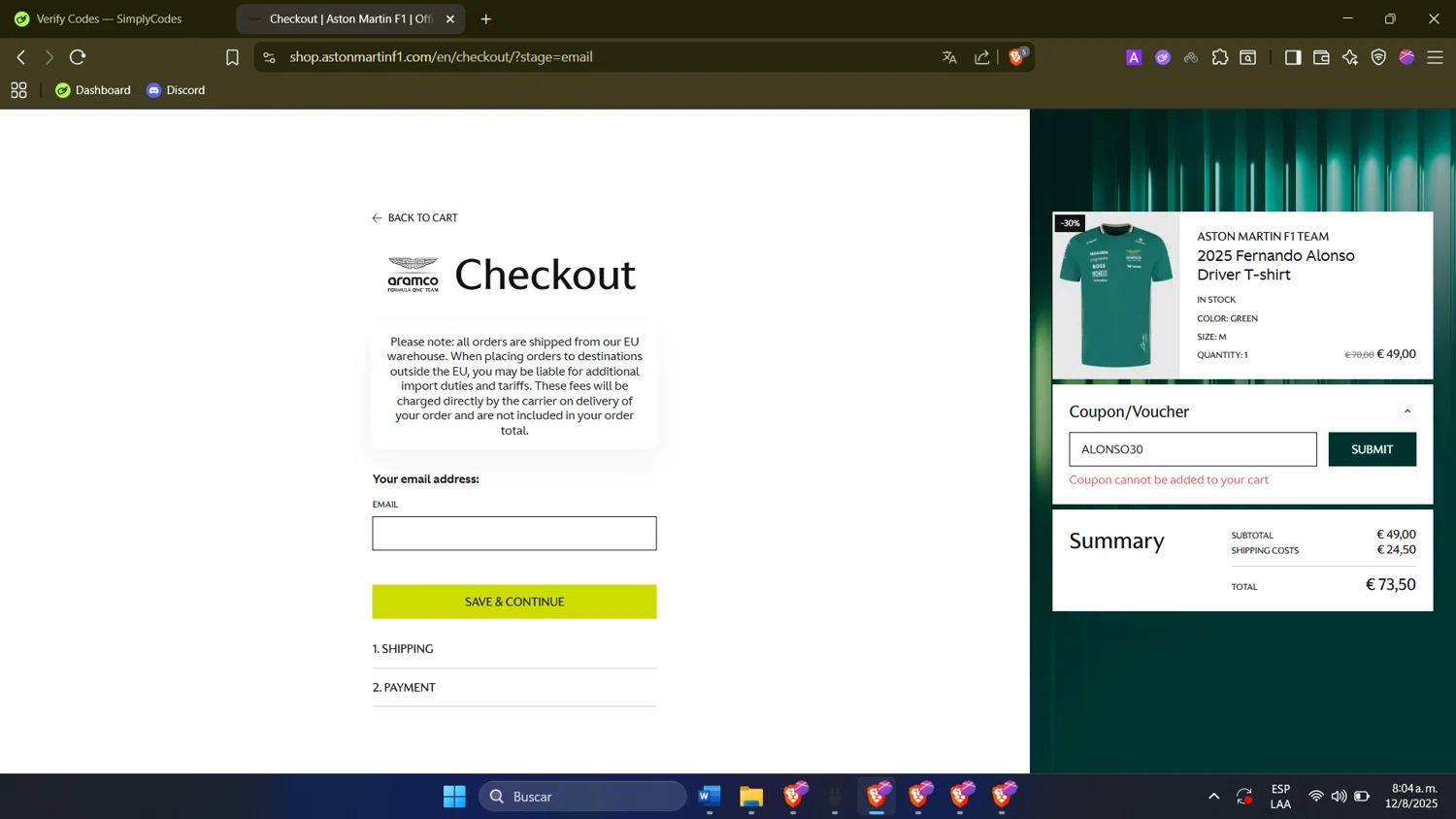 Aston Martin Cognizant F1 promo code screenshot showing code ALONSO30 applied at Aston Martin Cognizant F1 checkout page. Uploaded by SimplyCodes community member Esterasa on Aug 12, 2025