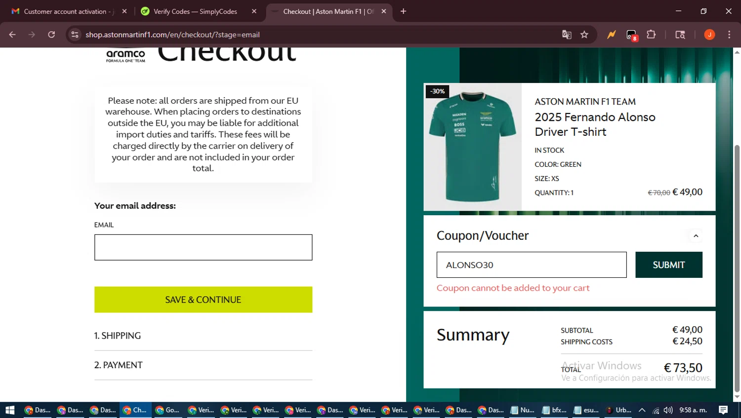Aston Martin Cognizant F1 promo code screenshot showing code ALONSO30 applied at Aston Martin Cognizant F1 checkout page. Uploaded by SimplyCodes community member NobleAce2304 on Aug 12, 2025