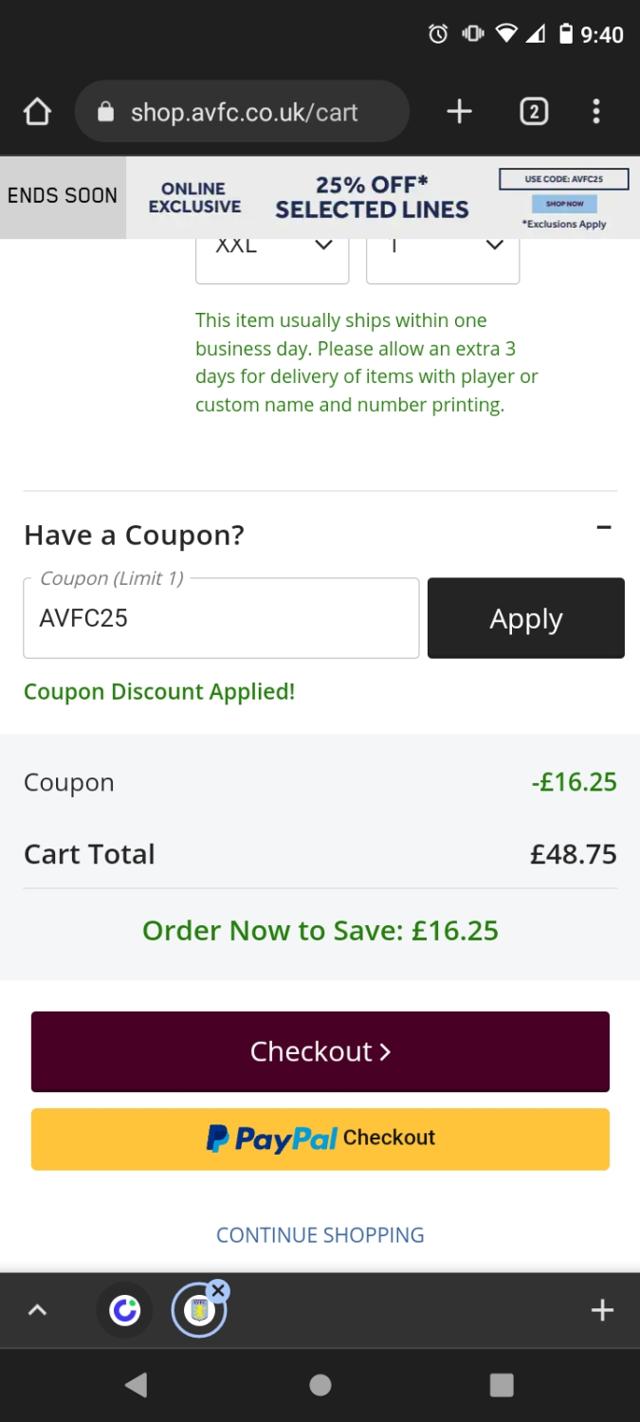 Aston Villa FC checkout page showing Aston Villa FC promo code box | Screenshot taken by SimplyCodes community member on Nov 4, 2022