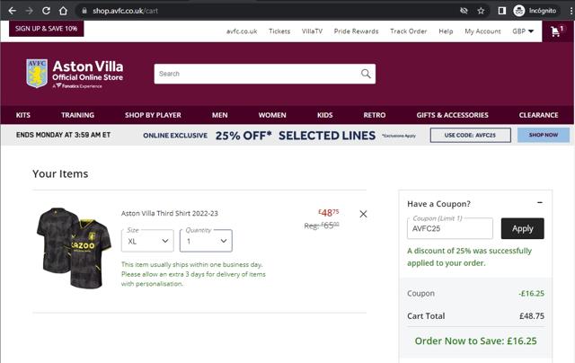 Aston Villa FC checkout page showing Aston Villa FC promo code box | Screenshot taken by SimplyCodes community member on Oct 6, 2022