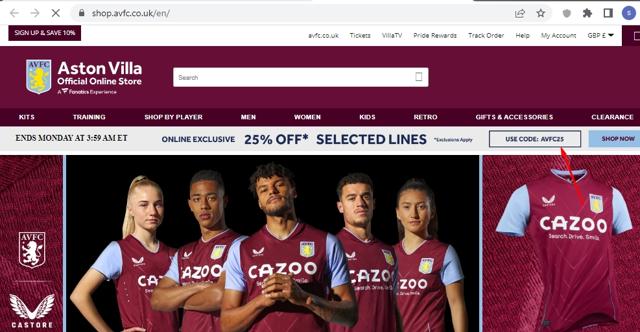 Aston Villa FC checkout page showing Aston Villa FC promo code box | Screenshot taken by SimplyCodes community member on Oct 6, 2022