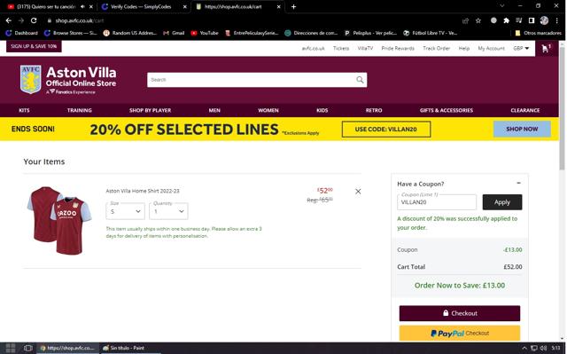 Aston Villa FC checkout page showing Aston Villa FC promo code box | Screenshot taken by SimplyCodes community member on Sep 21, 2022