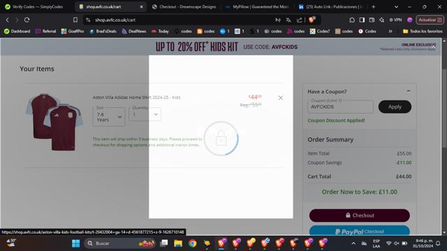 Aston Villa FC checkout page showing Aston Villa FC promo code box | Screenshot taken by SimplyCodes community member on Nov 1, 2024