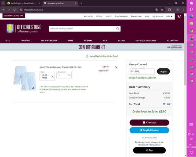Aston Villa FC checkout page showing Aston Villa FC promo code box | Screenshot taken by SimplyCodes community member on Nov 22, 2024