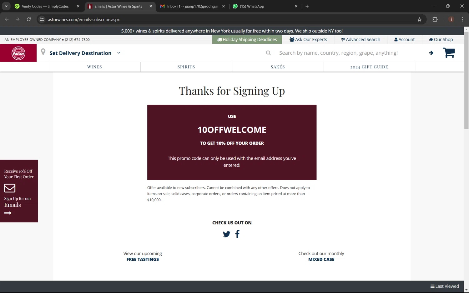 Astor Wines checkout page showing Astor Wines promo code box | Screenshot taken by SimplyCodes community member on Nov 25, 2024