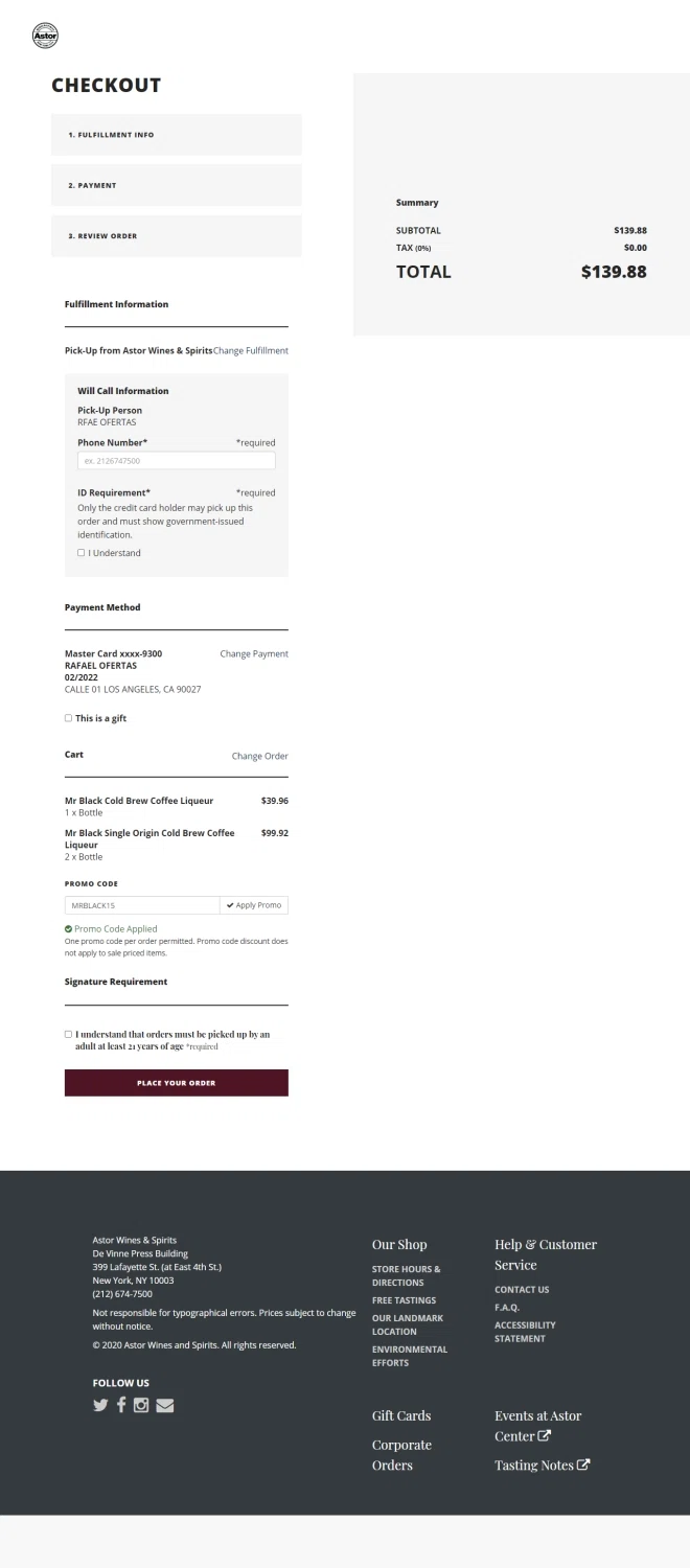 Astor Wines checkout page showing Astor Wines promo code box | Screenshot taken by SimplyCodes community member on Aug 28, 2020