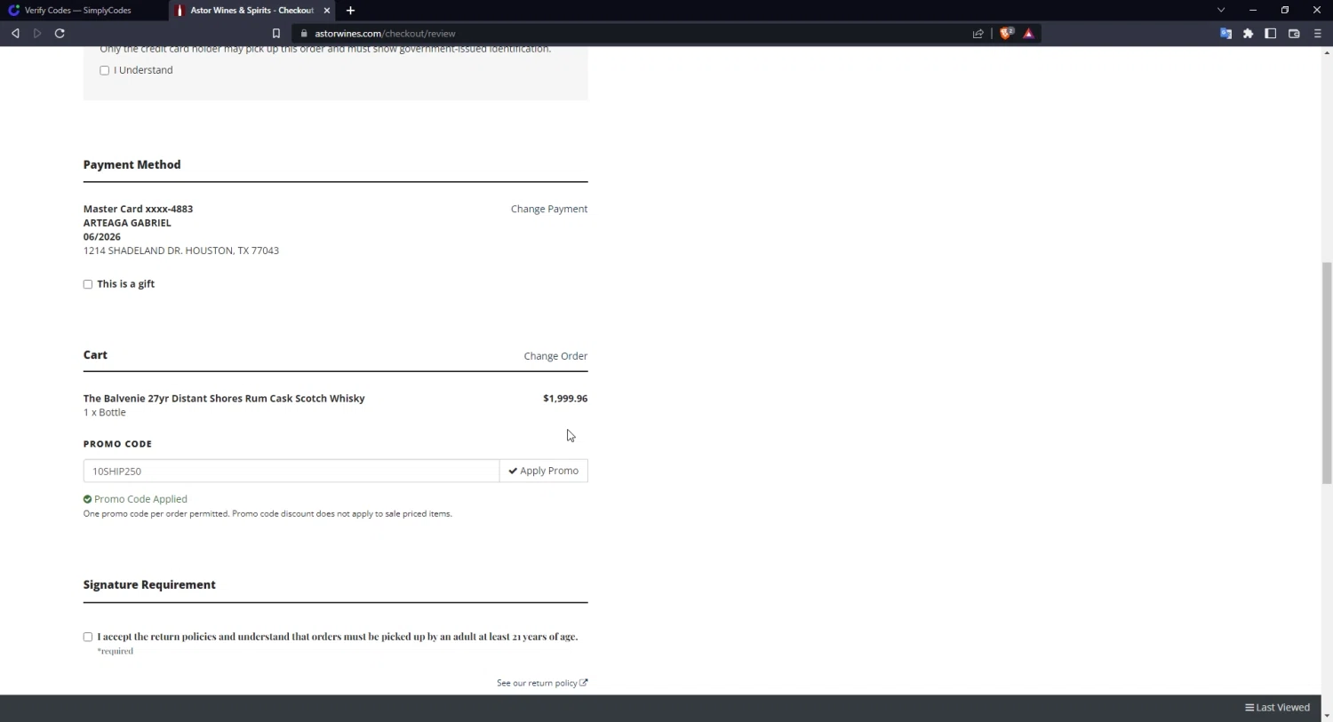 Astor Wines checkout page showing Astor Wines promo code box | Screenshot taken by SimplyCodes community member on Oct 31, 2022
