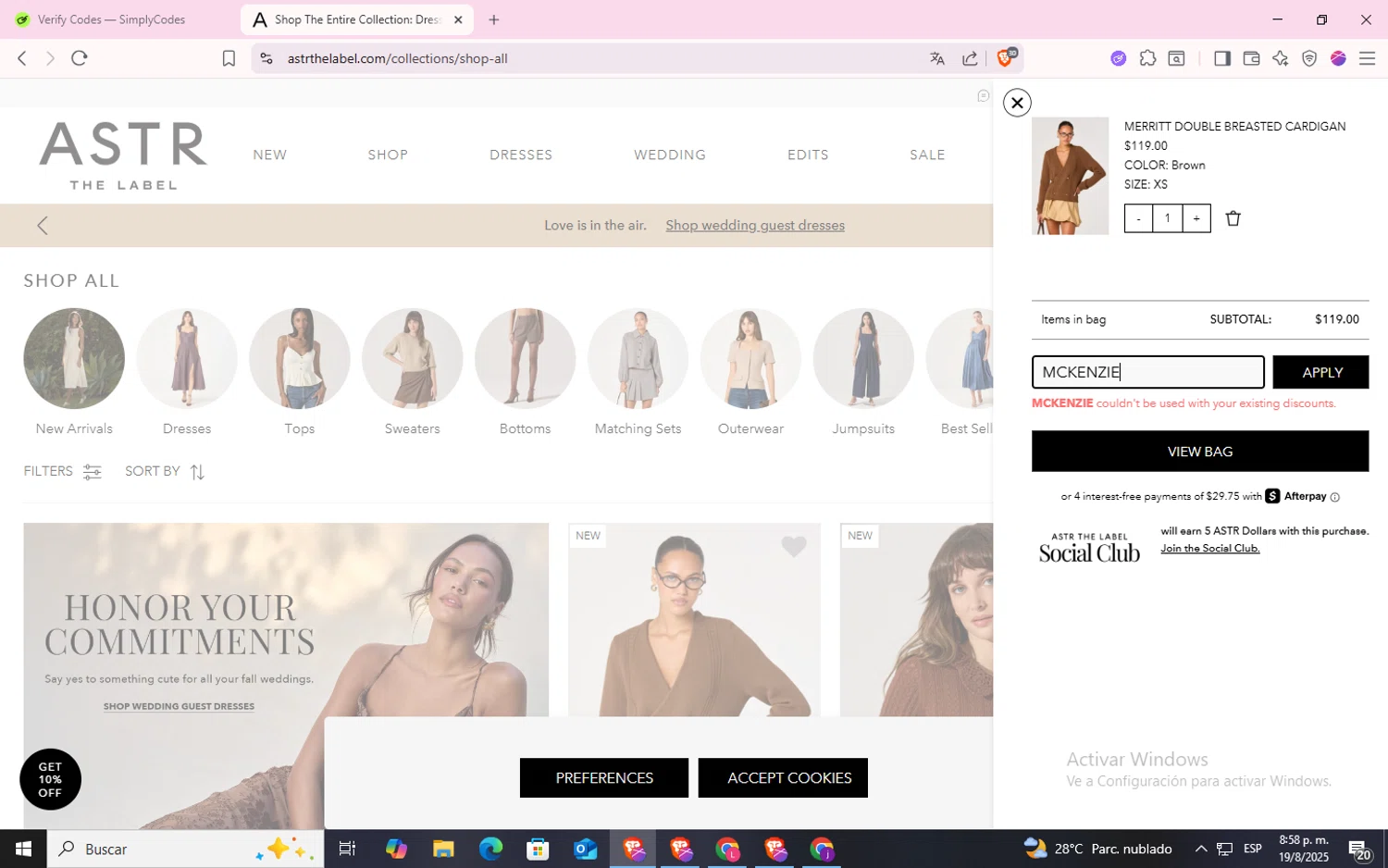 ASTR The Label promo code screenshot showing code MCKENZIE applied at ASTR The Label checkout page. Uploaded by SimplyCodes community member CodeLynx5272 on Aug 20, 2025