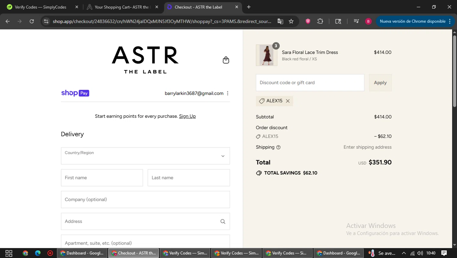 ASTR The Label promo code screenshot showing code alex15 applied at ASTR The Label checkout page. Uploaded by SimplyCodes community member SwiftSage1747 on Aug 22, 2025