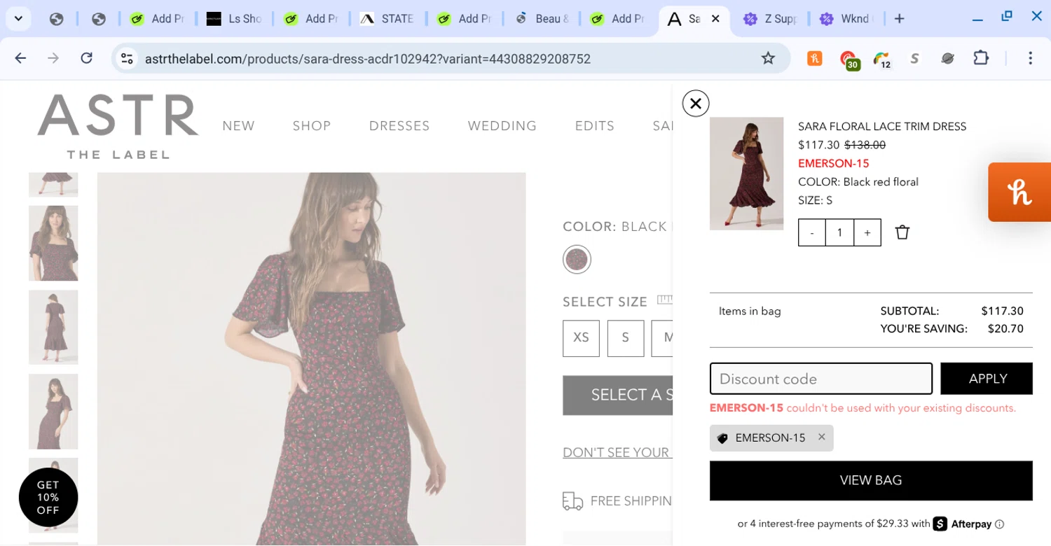 ASTR The Label promo code screenshot showing code EMERSON-15 applied at ASTR The Label checkout page. Uploaded by SimplyCodes community member KarinaHZ on Aug 16, 2025