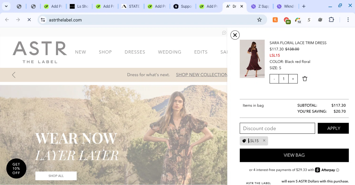 ASTR The Label promo code screenshot showing code lsl15 applied at ASTR The Label checkout page. Uploaded by SimplyCodes community member KarinaHZ on Aug 16, 2025