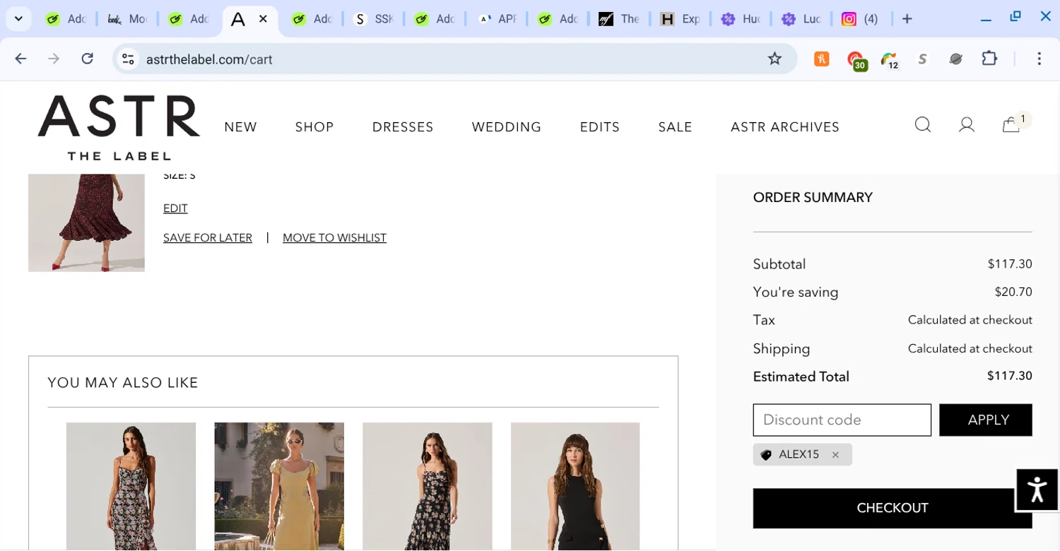 ASTR The Label promo code screenshot showing code alex15 applied at ASTR The Label checkout page. Uploaded by SimplyCodes community member KarinaHZ on Aug 22, 2025
