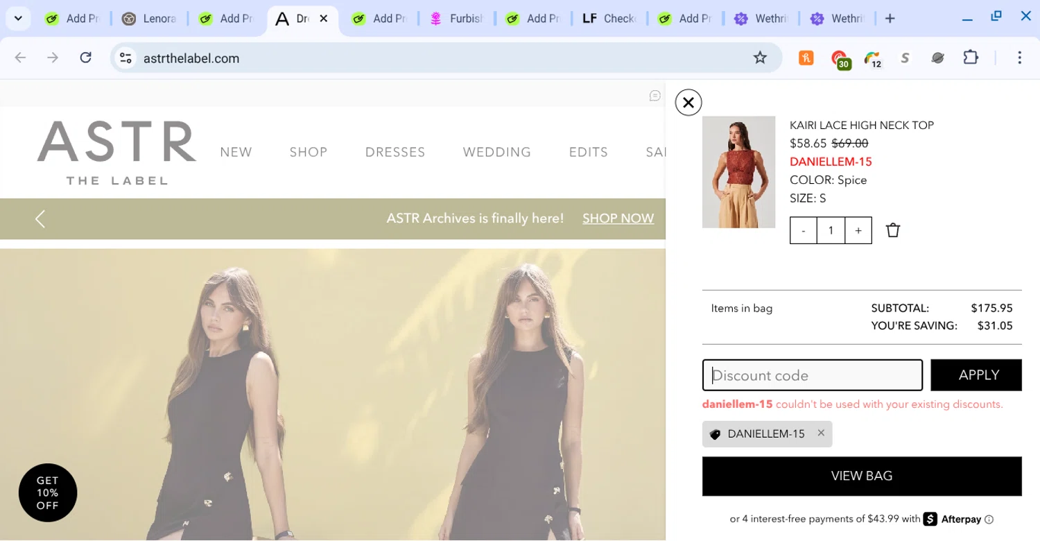 ASTR The Label promo code screenshot showing code daniellem-15 applied at ASTR The Label checkout page. Uploaded by SimplyCodes community member KarinaHZ on Aug 23, 2025