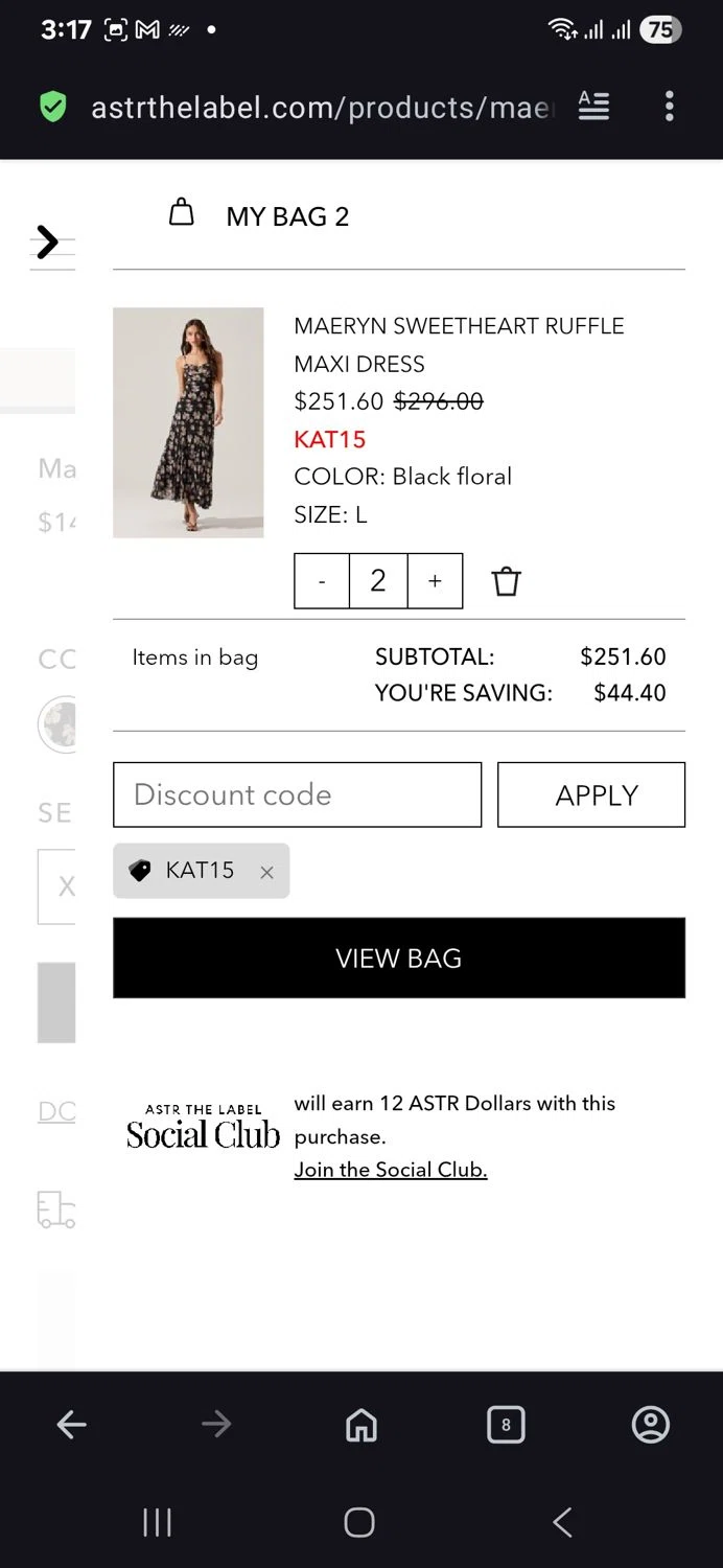 ASTR The Label promo code screenshot showing code Kat15 applied at ASTR The Label checkout page. Uploaded by SimplyCodes community member vida5254427716958 on Aug 26, 2025