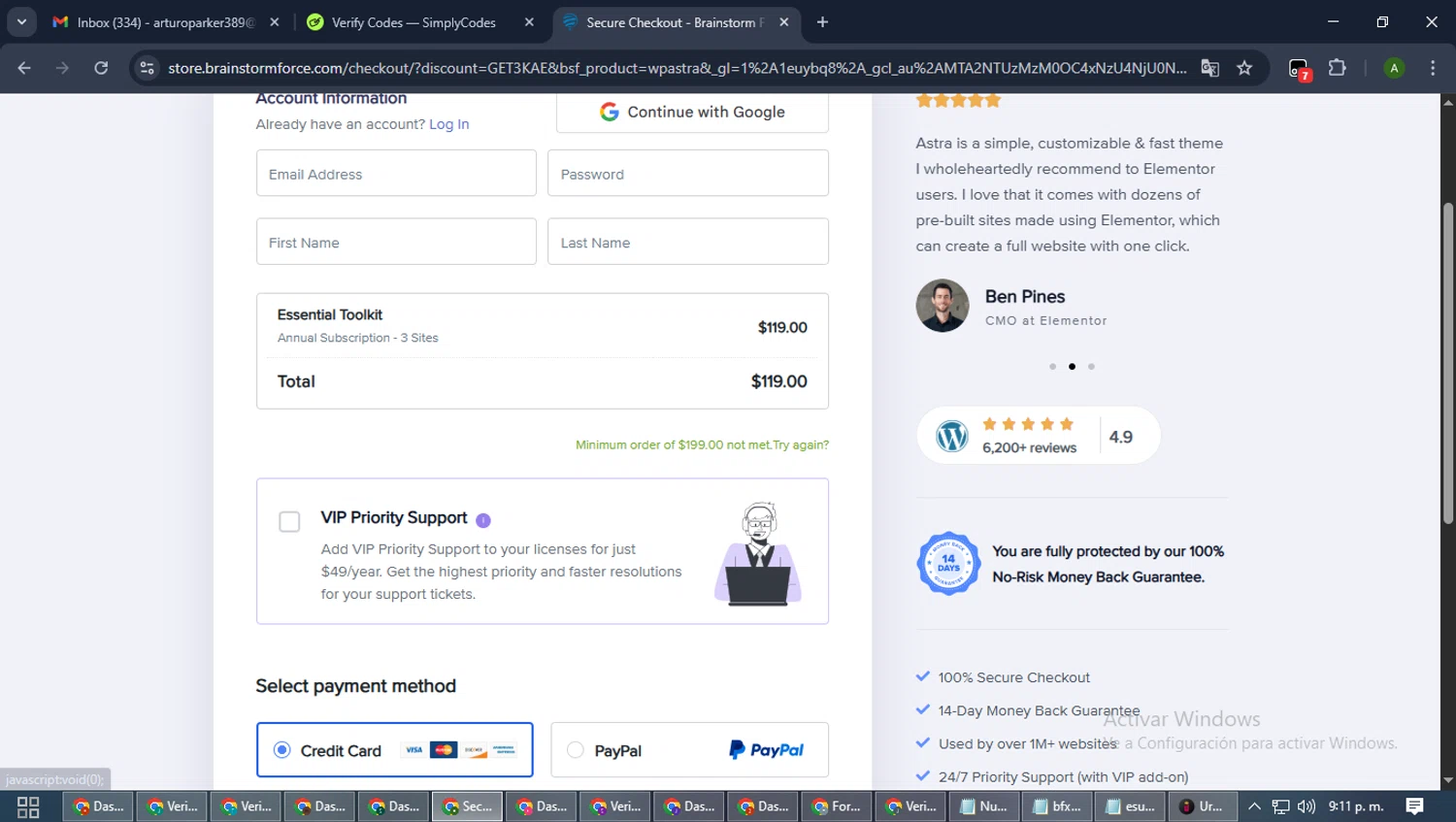 Astra promo code screenshot showing code SAVE1AB applied at Astra checkout page. Uploaded by SimplyCodes community member CashLynx5338 on Sep 23, 2025