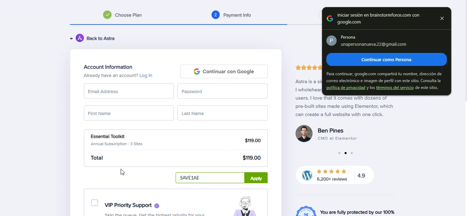 Astra promo code screenshot showing code SAVE1AE applied at Astra checkout page. Uploaded by SimplyCodes community member Prospecto on Nov 13, 2025