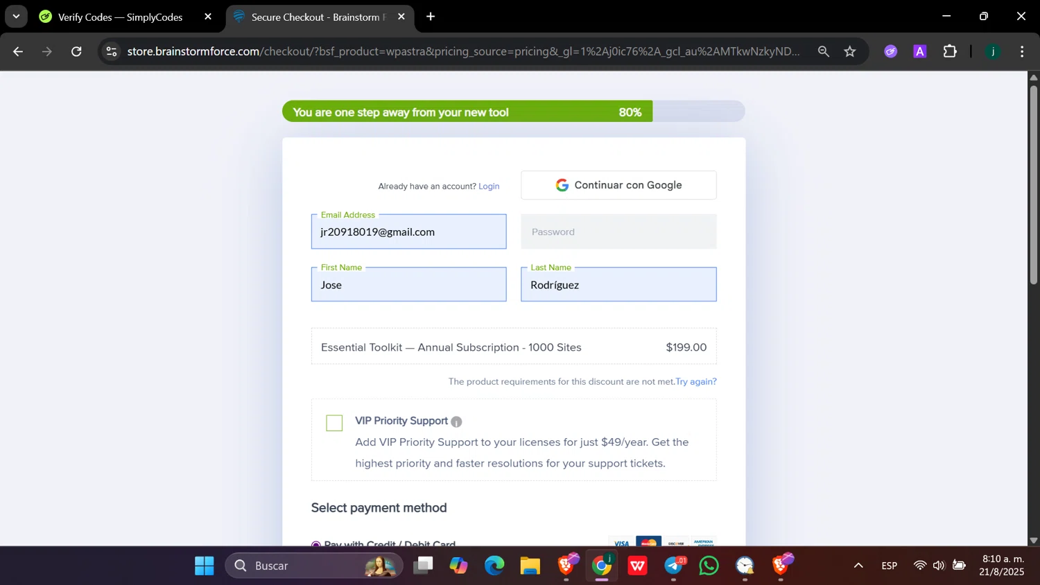 Astra promo code screenshot showing code GIVE1AB applied at Astra checkout page. Uploaded by SimplyCodes community member hanzell03 on Aug 21, 2025