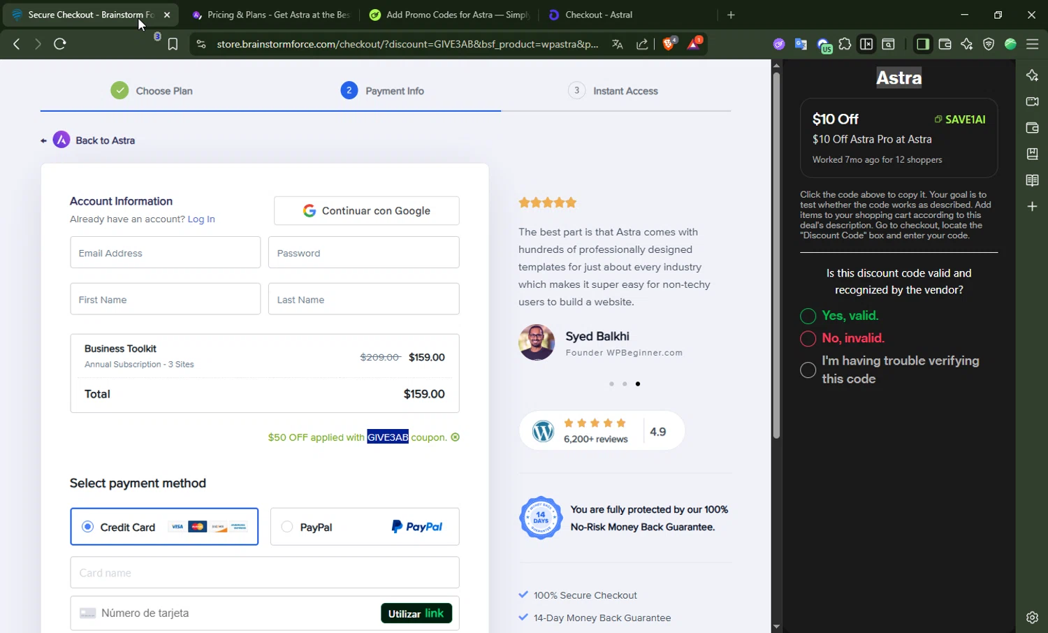 Astra promo code screenshot showing code GIVE3AB applied at Astra checkout page. Uploaded by SimplyCodes community member DrossRotzank on Dec 9, 2025