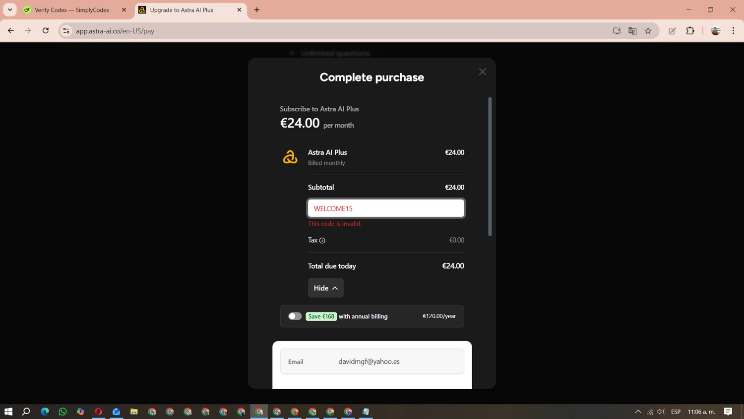 Astra-ai.co promo code screenshot showing code WELCOME15 applied at Astra-ai.co checkout page. Uploaded by SimplyCodes community member MariAPB on Nov 3, 2025