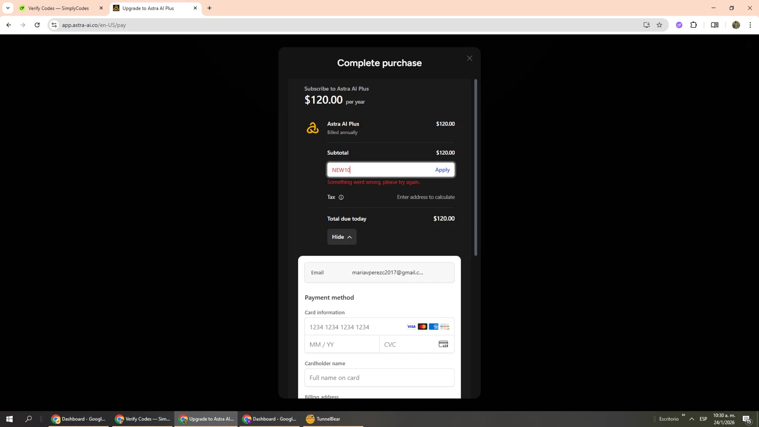 Astra-ai.co promo code screenshot showing code NEW10 applied at Astra-ai.co checkout page. Uploaded by SimplyCodes community member Phoenix585 on Jan 24, 2026