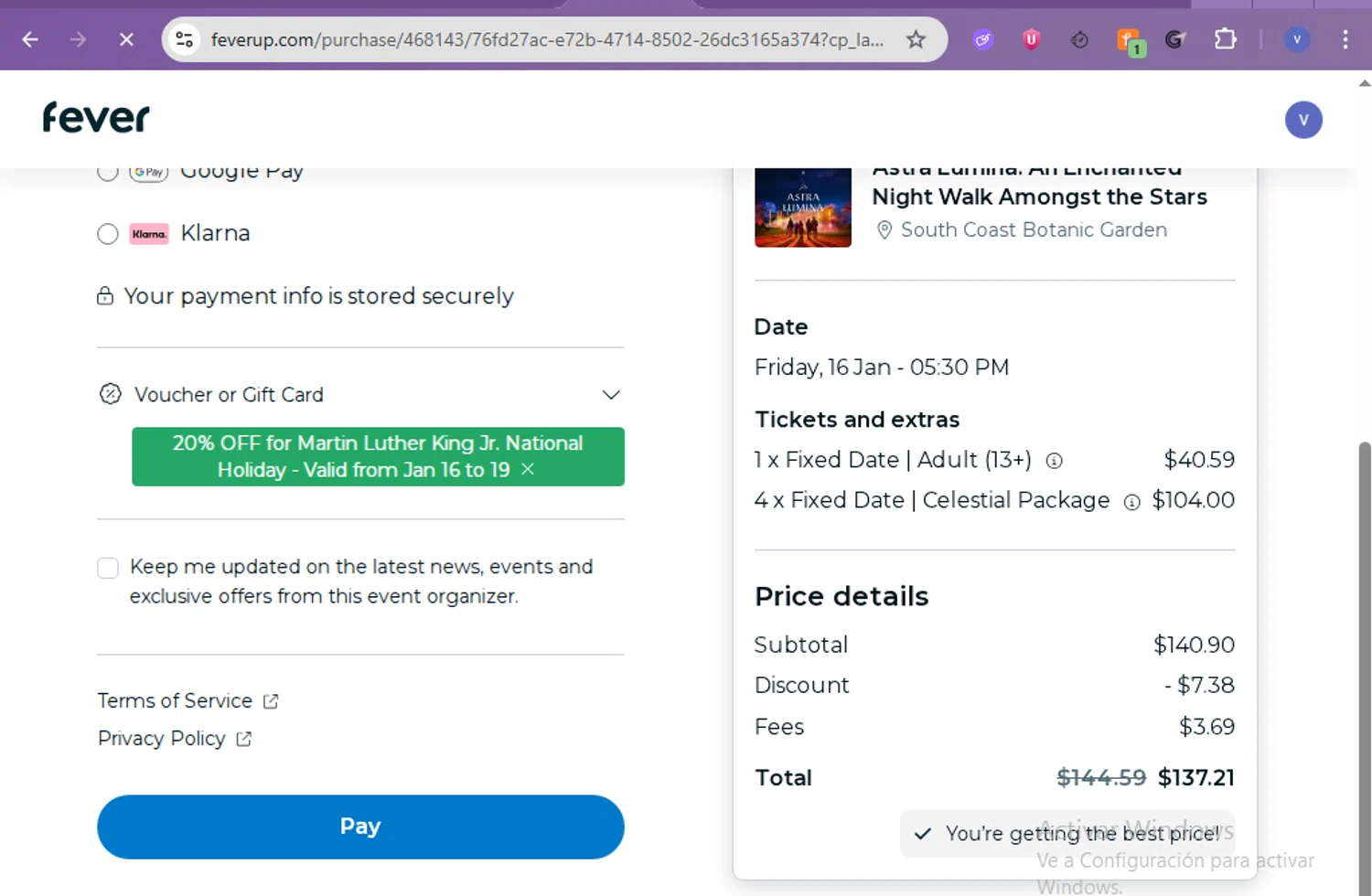 Astra Lumina discount code screenshot showing code MLKASTRA20 applied at Astra Lumina checkout page. Uploaded by SimplyCodes community member beatrizcastillo on Jan 16, 2026
