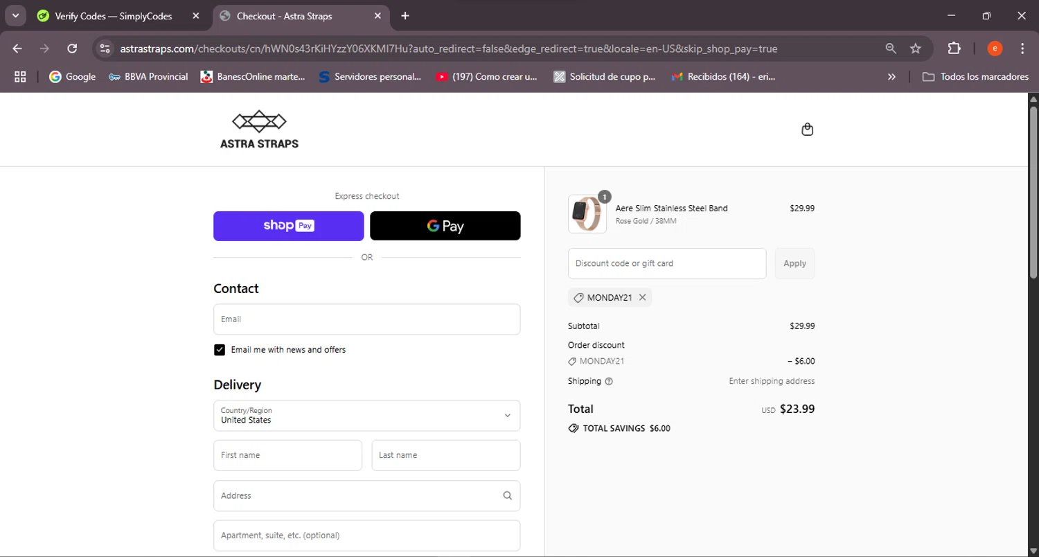 Astra Straps discount code screenshot showing code MONDAY21 applied at Astra Straps checkout page. Uploaded by SimplyCodes community member BrilliantSleuth7740 on Jul 21, 2025
