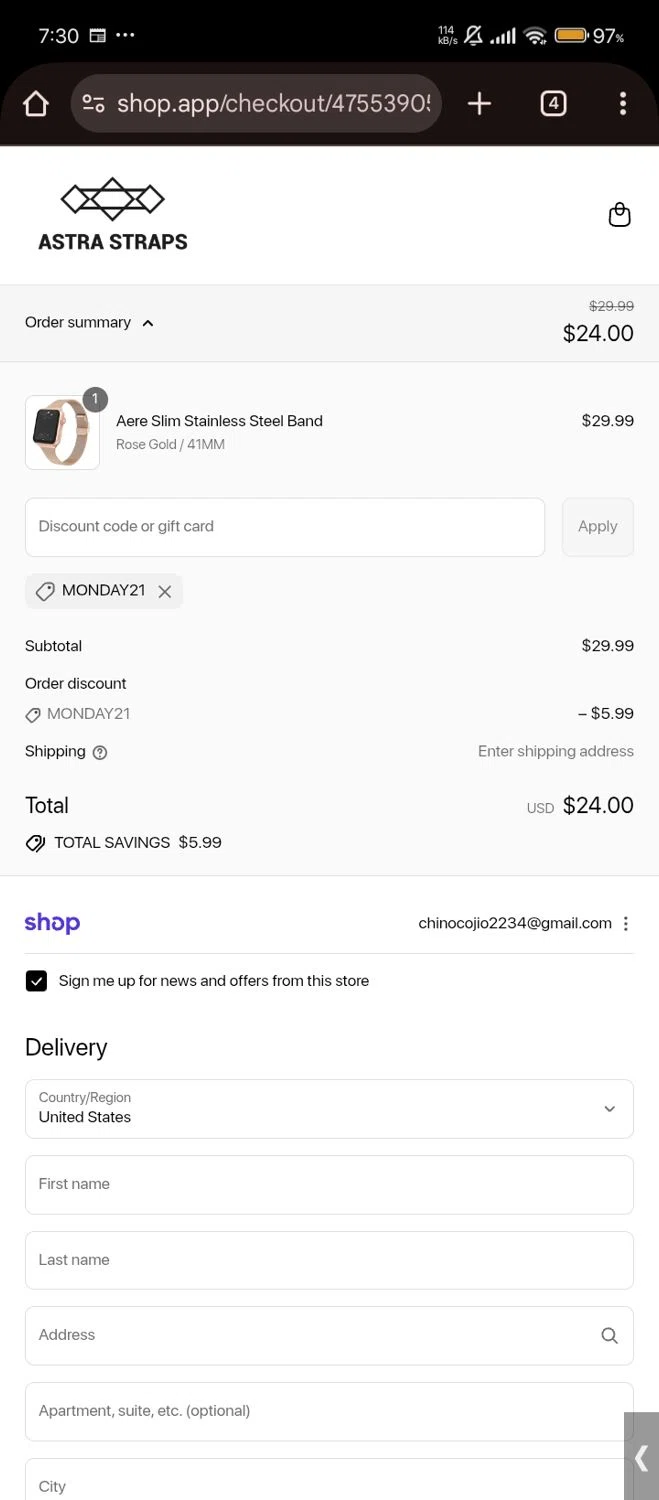 Astra Straps discount code screenshot showing code MONDAY21 applied at Astra Straps checkout page. Uploaded by SimplyCodes community member Jutdcv on Sep 1, 2025
