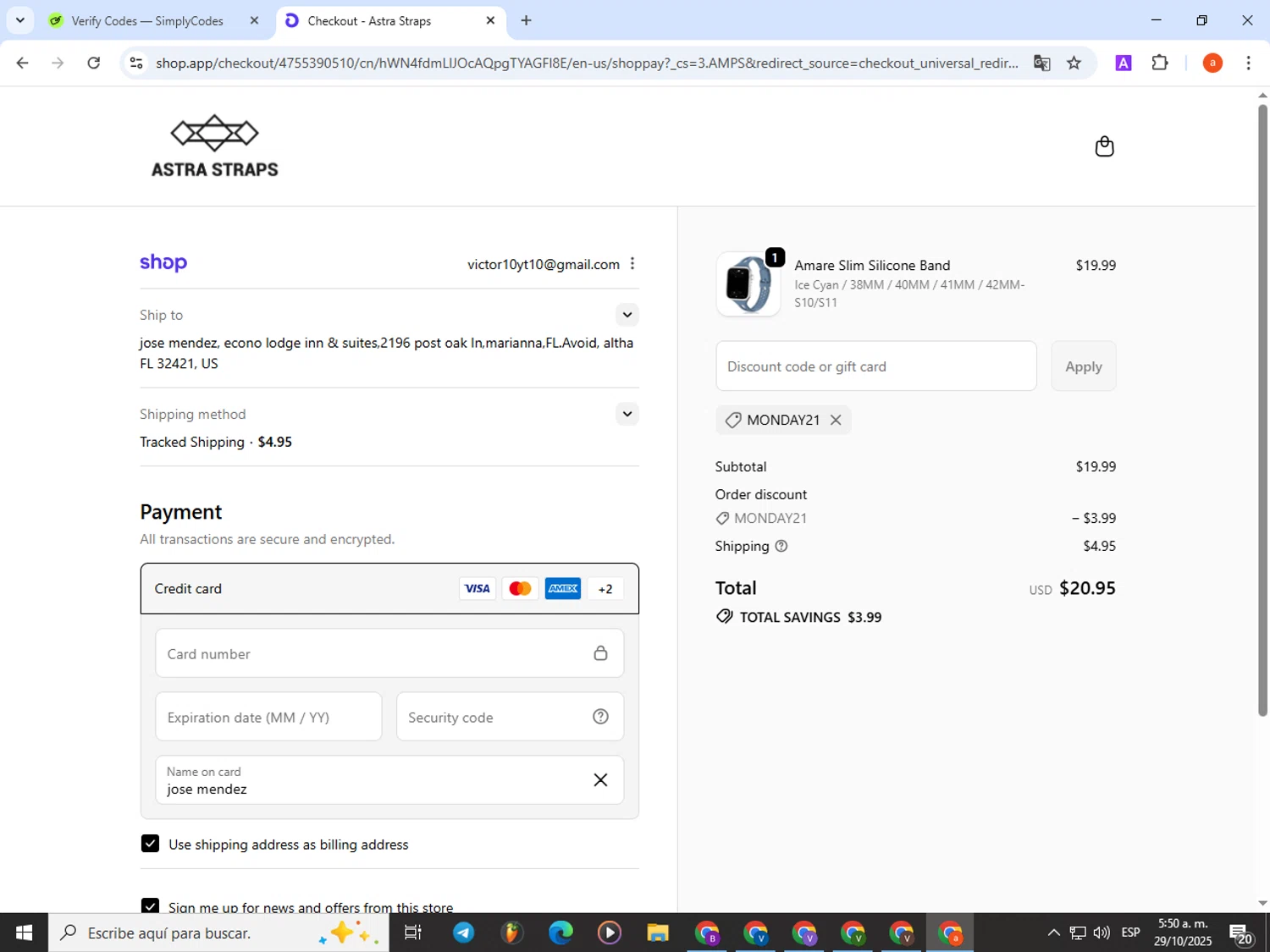 Astra Straps discount code screenshot showing code MONDAY21 applied at Astra Straps checkout page. Uploaded by SimplyCodes community member partenalgas on Oct 29, 2025