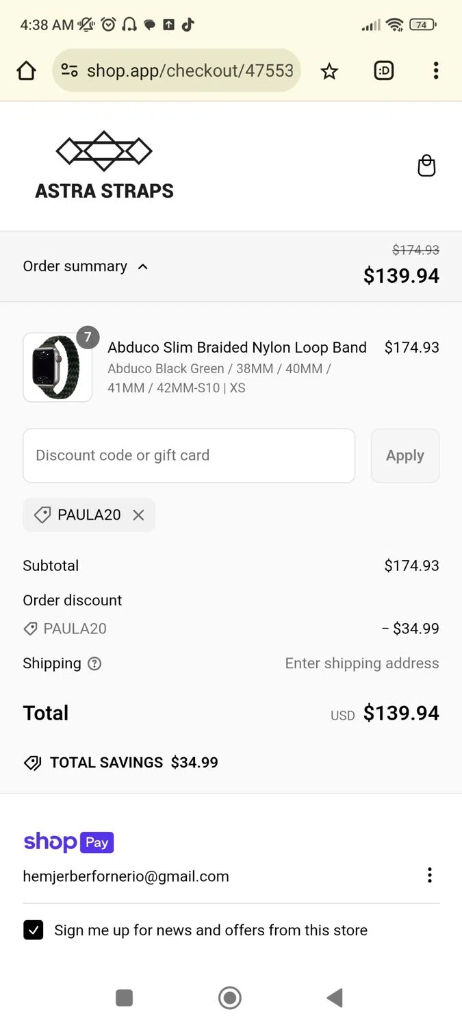 Astra Straps discount code screenshot showing code PAULA20 applied at Astra Straps checkout page. Uploaded by SimplyCodes community member Josemedina on Mar 8, 2025