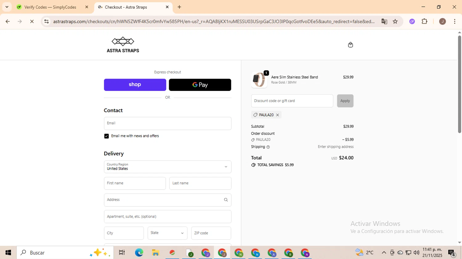 Astra Straps discount code screenshot showing code PAULA20 applied at Astra Straps checkout page. Uploaded by SimplyCodes community member ValiantHero2365 on Nov 22, 2025
