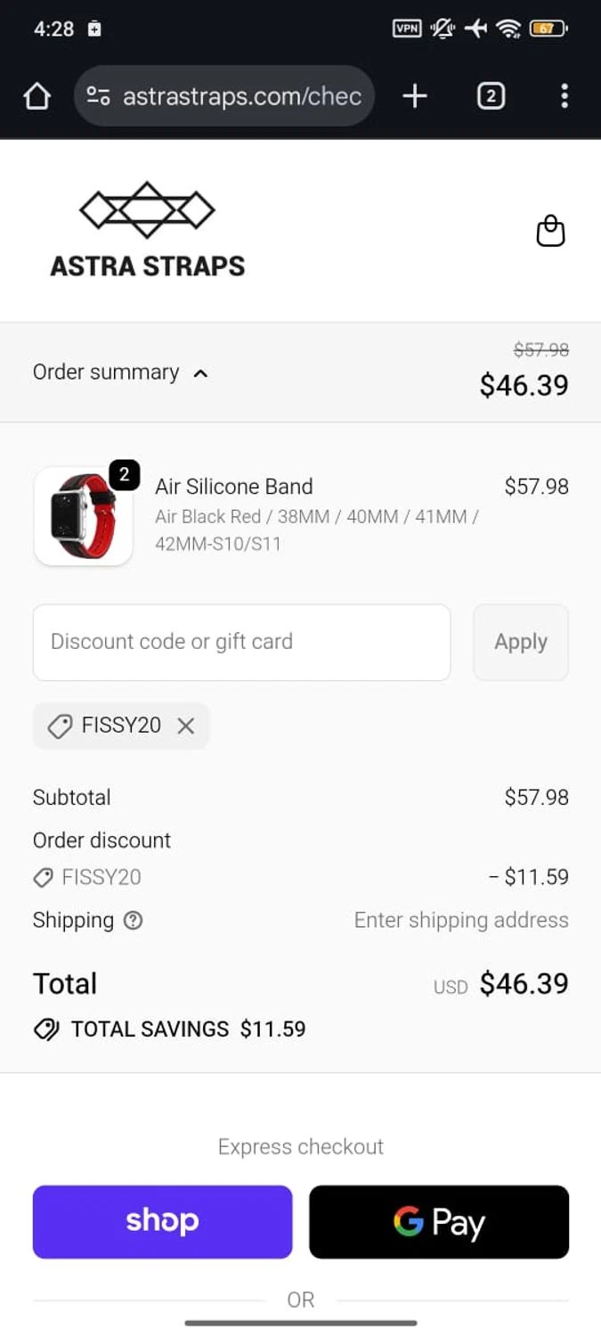 Astra Straps discount code screenshot showing code FISSY20 applied at Astra Straps checkout page. Uploaded by SimplyCodes community member RoyalSpotter5217 on Jan 4, 2026