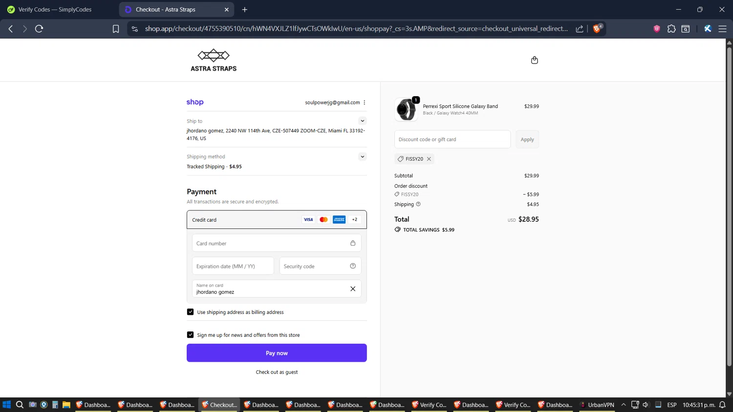 Astra Straps discount code screenshot showing code FISSY20 applied at Astra Straps checkout page. Uploaded by SimplyCodes community member ZoilaPerrita on Oct 25, 2025