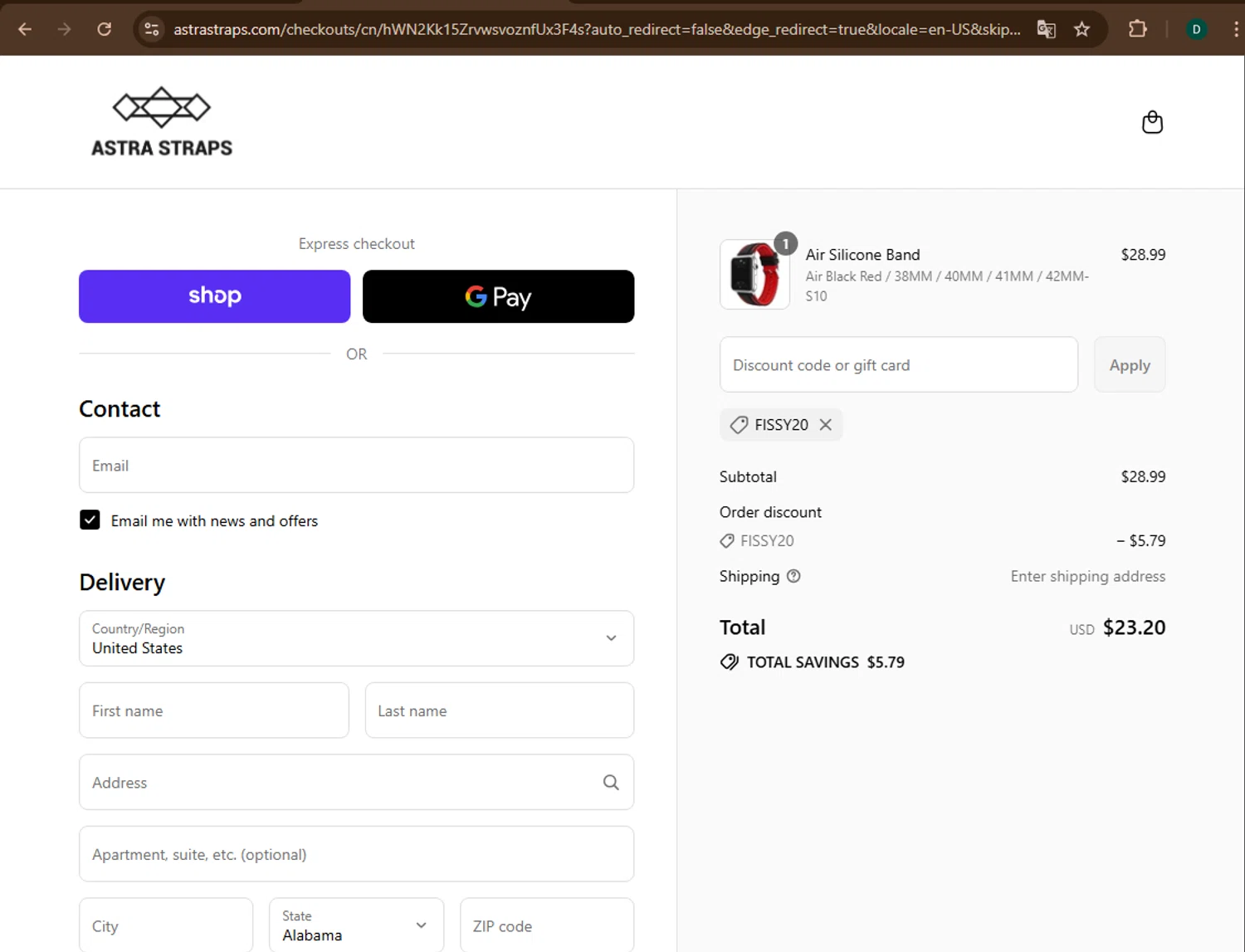 Astra Straps discount code screenshot showing code FISSY20 applied at Astra Straps checkout page. Uploaded by SimplyCodes community member drevin007 on Aug 28, 2025
