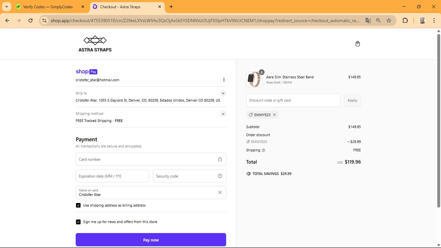 Astra Straps discount code screenshot showing code EMMYE20 applied at Astra Straps checkout page. Uploaded by SimplyCodes community member ManuelF on Mar 9, 2025
