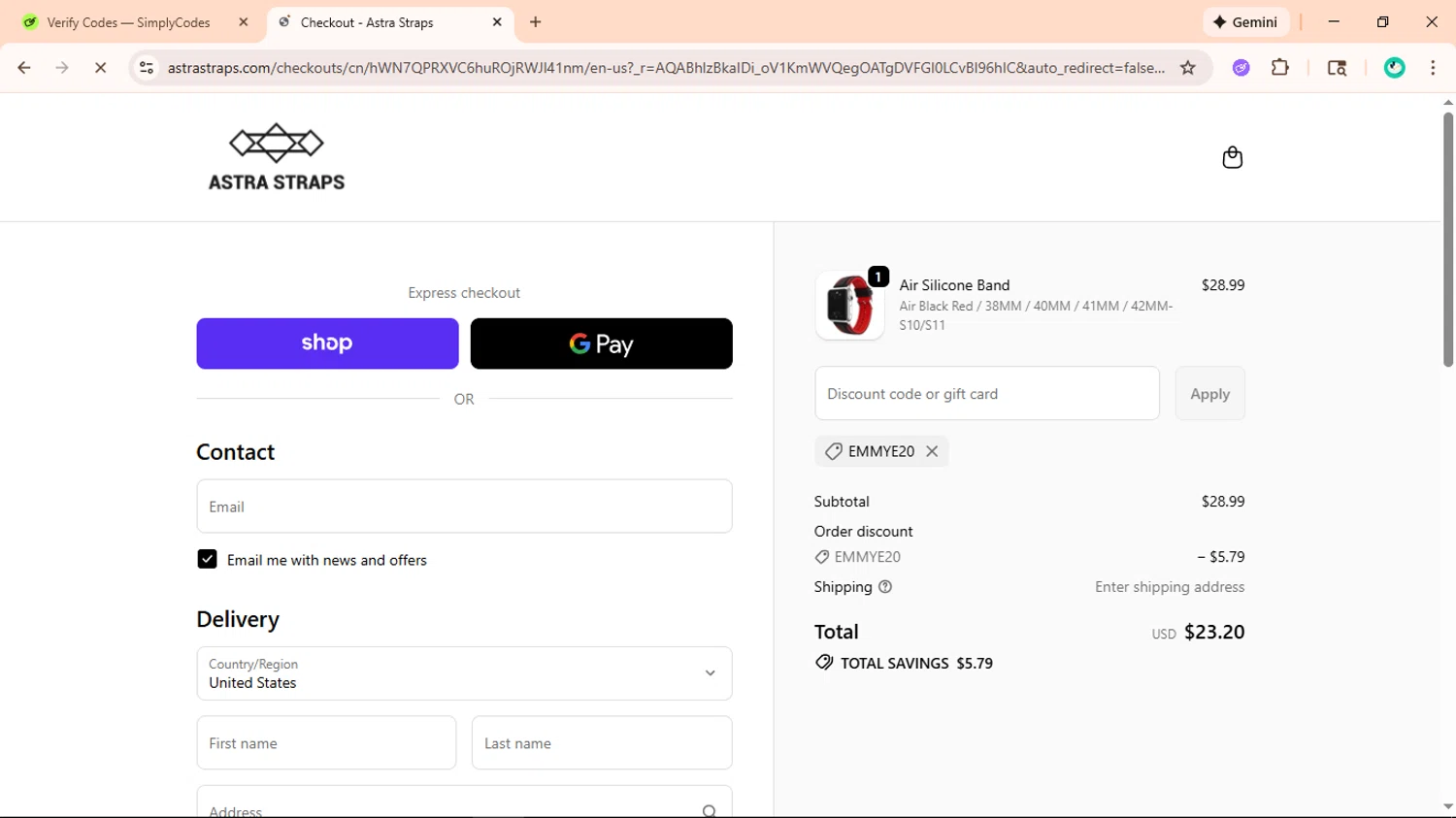 Astra Straps discount code screenshot showing code EMMYE20 applied at Astra Straps checkout page. Uploaded by SimplyCodes community member ShieldLegend9691 on Jan 9, 2026