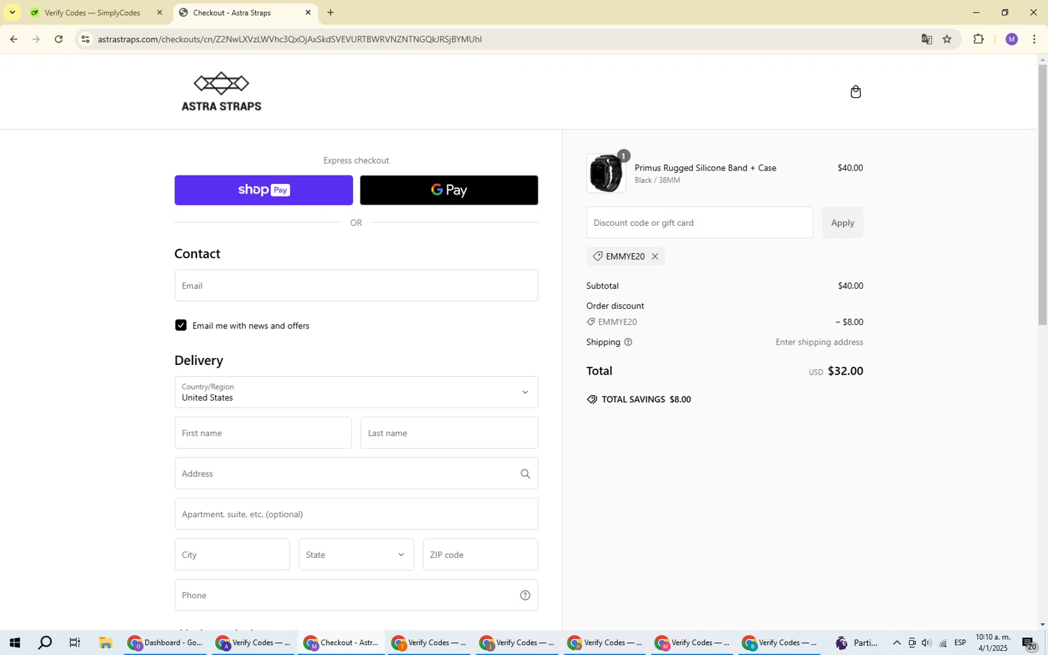 Astra Straps discount code screenshot showing code EMMYE20 applied at Astra Straps checkout page. Uploaded by SimplyCodes community member VoucherScout6115 on Jan 4, 2025