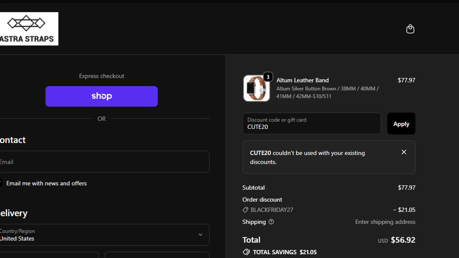Astra Straps discount code screenshot showing code CUTE20 applied at Astra Straps checkout page. Uploaded by SimplyCodes community member chepipi on Nov 5, 2025