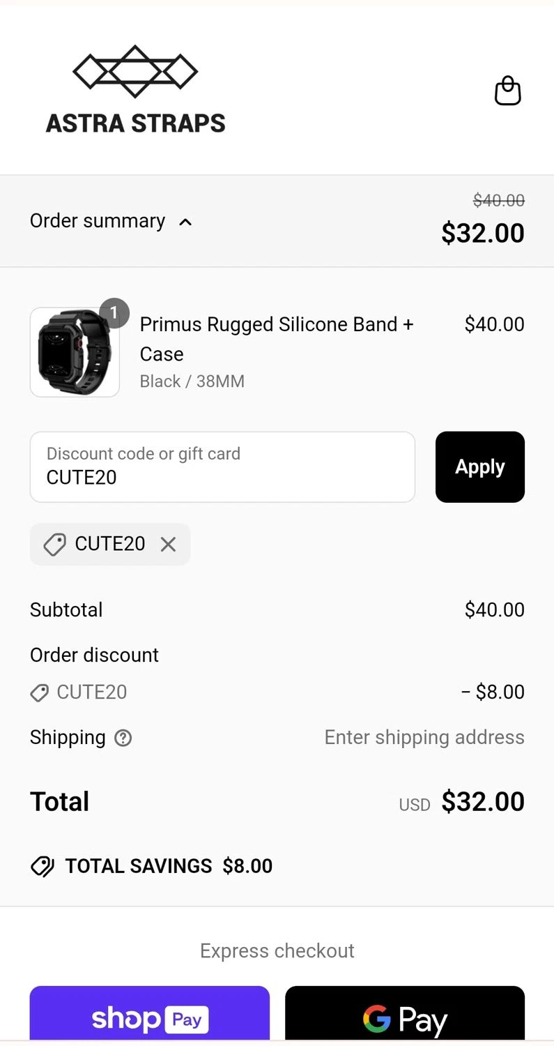 Astra Straps discount code screenshot showing code CUTE20 applied at Astra Straps checkout page. Uploaded by SimplyCodes community member JuanMonge on May 4, 2025