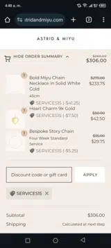 SERVICES15 coupon verification screenshot