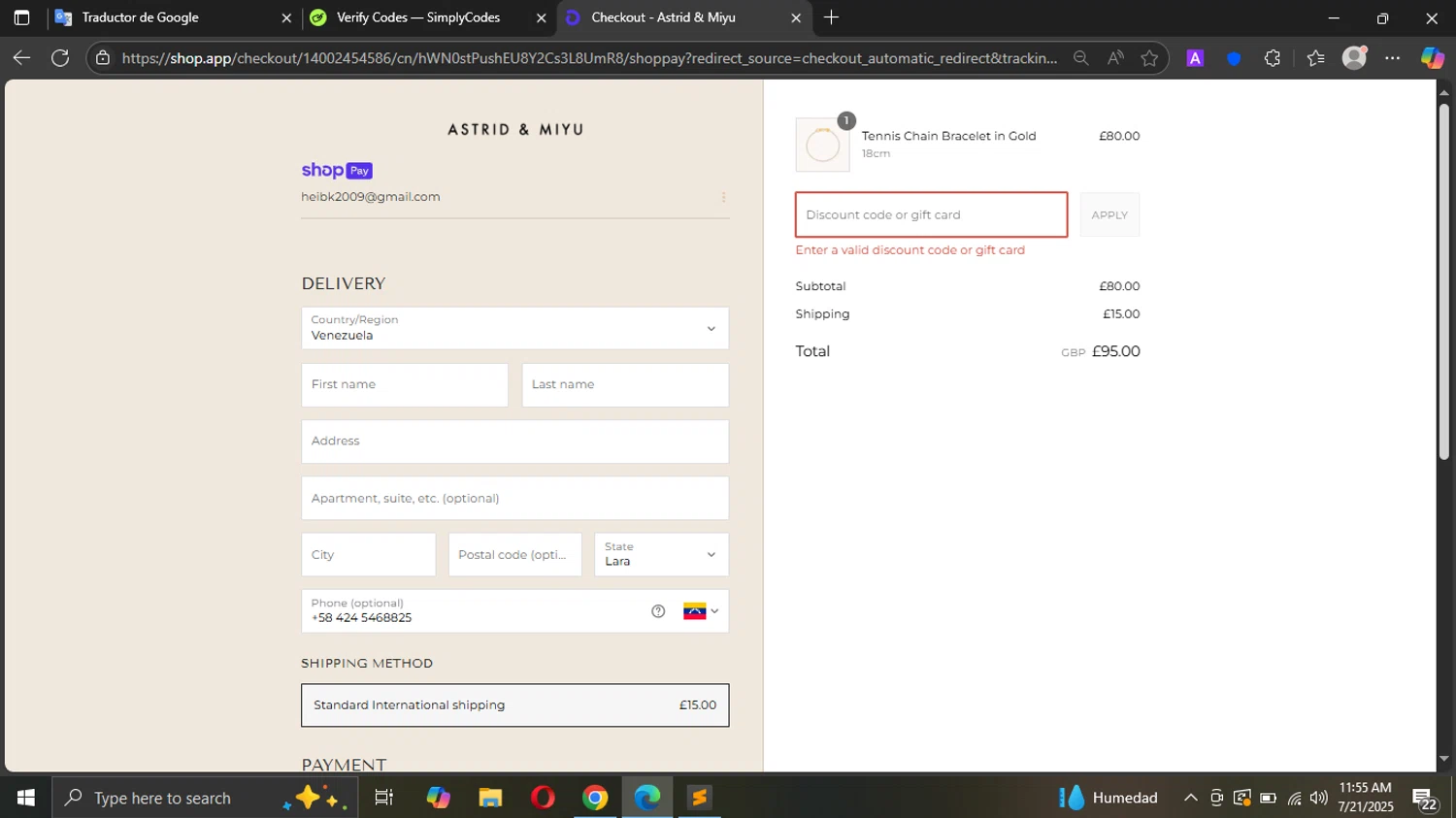 Astrid & Miyu promo code screenshot showing code AMAFF10 applied at Astrid & Miyu checkout page. Uploaded by SimplyCodes community member Metal02Truck on Jul 21, 2025