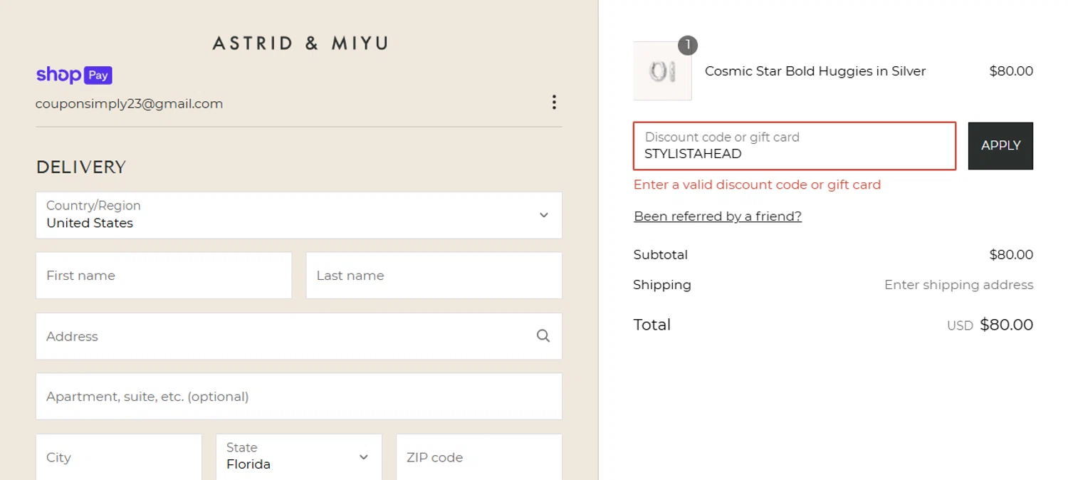 Astrid & Miyu promo code screenshot showing code STYLISTAHEAD applied at Astrid & Miyu checkout page. Uploaded by SimplyCodes community member IsabellaMillan on Jun 23, 2025