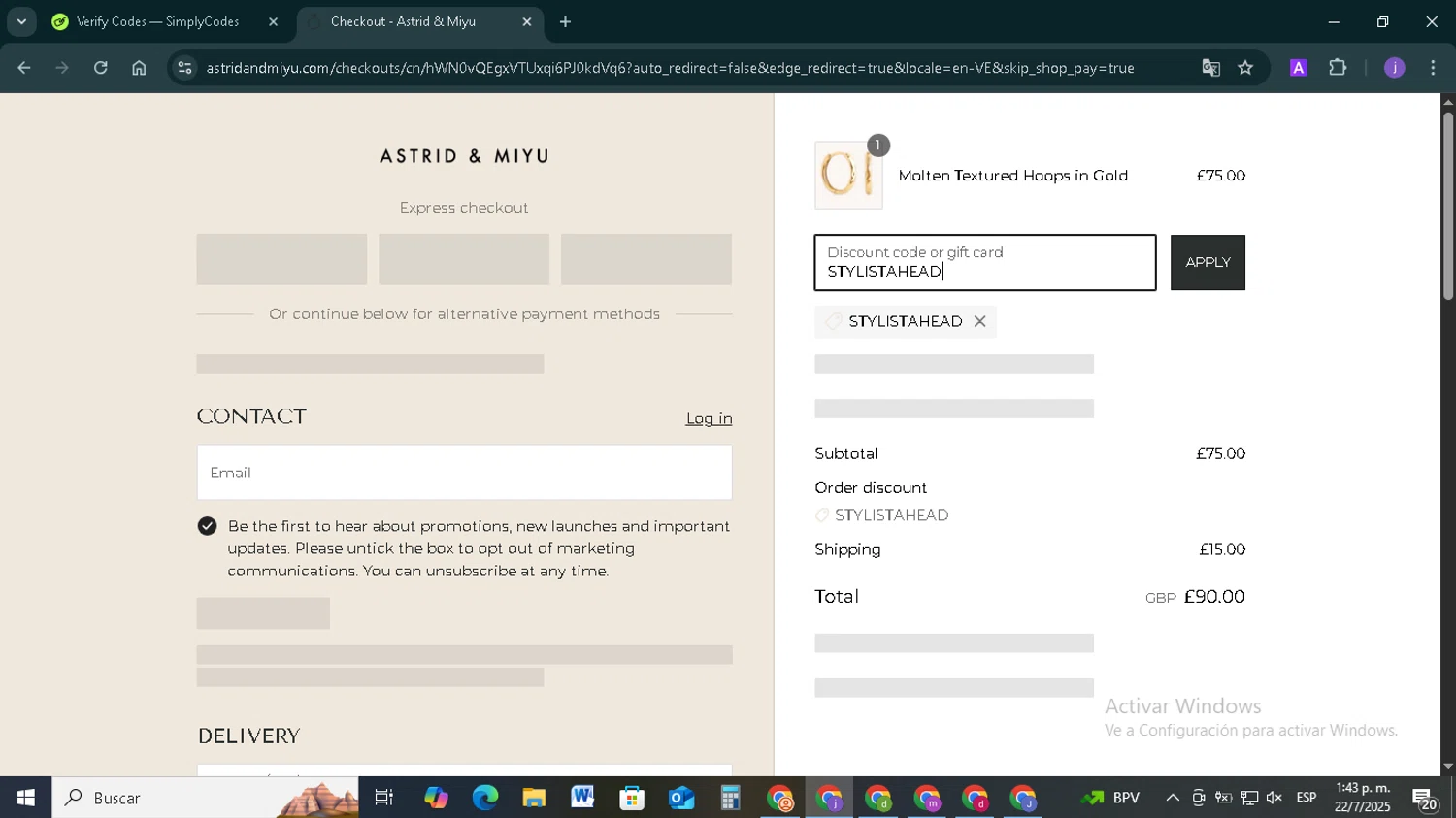 Astrid & Miyu promo code screenshot showing code STYLISTAHEAD applied at Astrid & Miyu checkout page. Uploaded by SimplyCodes community member TAZ2024 on Jul 22, 2025