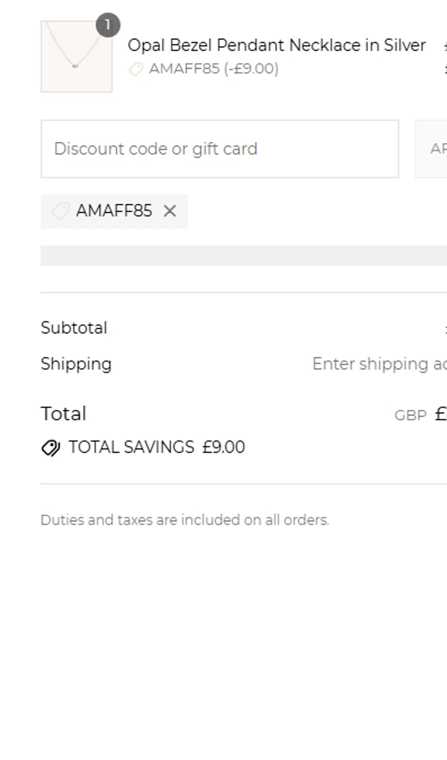 Astrid & Miyu promo code screenshot showing code AMAFF85 applied at Astrid & Miyu checkout page. Uploaded by SimplyCodes community member ValiantFox3884 on Jul 18, 2025