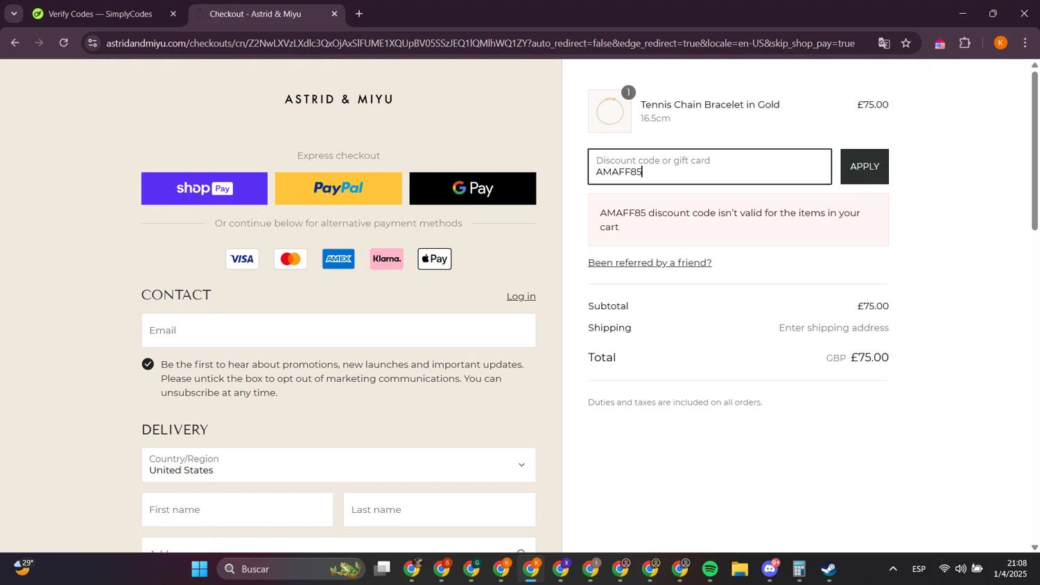 Astrid & Miyu promo code screenshot showing code AMAFF85 applied at Astrid & Miyu checkout page. Uploaded by SimplyCodes community member davidsalazar on Apr 2, 2025