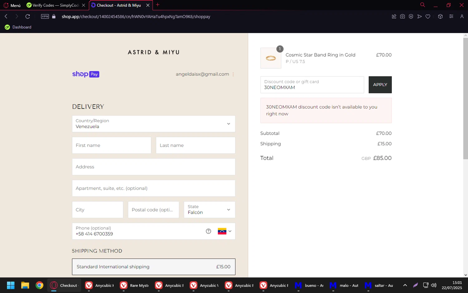 Astrid & Miyu promo code screenshot showing code 30NEOMXAM applied at Astrid & Miyu checkout page. Uploaded by SimplyCodes community member Purureche_en_banda on Jul 22, 2025