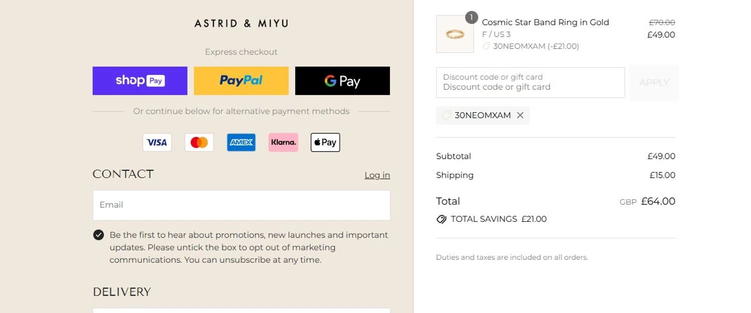 Astrid & Miyu promo code screenshot showing code 30NEOMXAM applied at Astrid & Miyu checkout page. Uploaded by SimplyCodes community member ThornPrincess on Jul 22, 2025