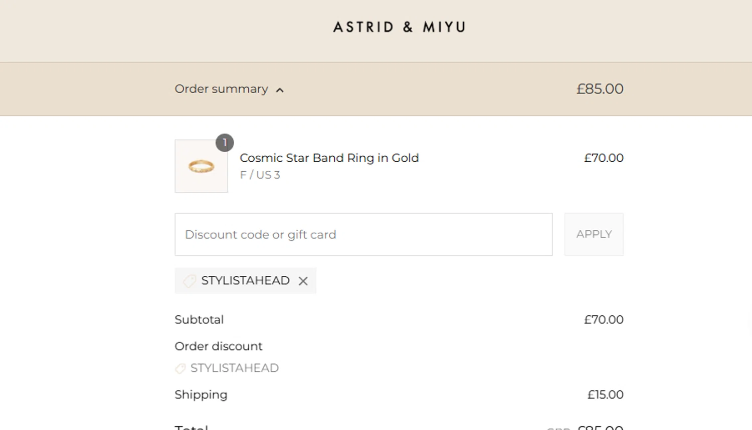 Astrid & Miyu promo code screenshot showing code STYLISTAHEAD applied at Astrid & Miyu checkout page. Uploaded by SimplyCodes community member ashe1986 on Jul 22, 2025