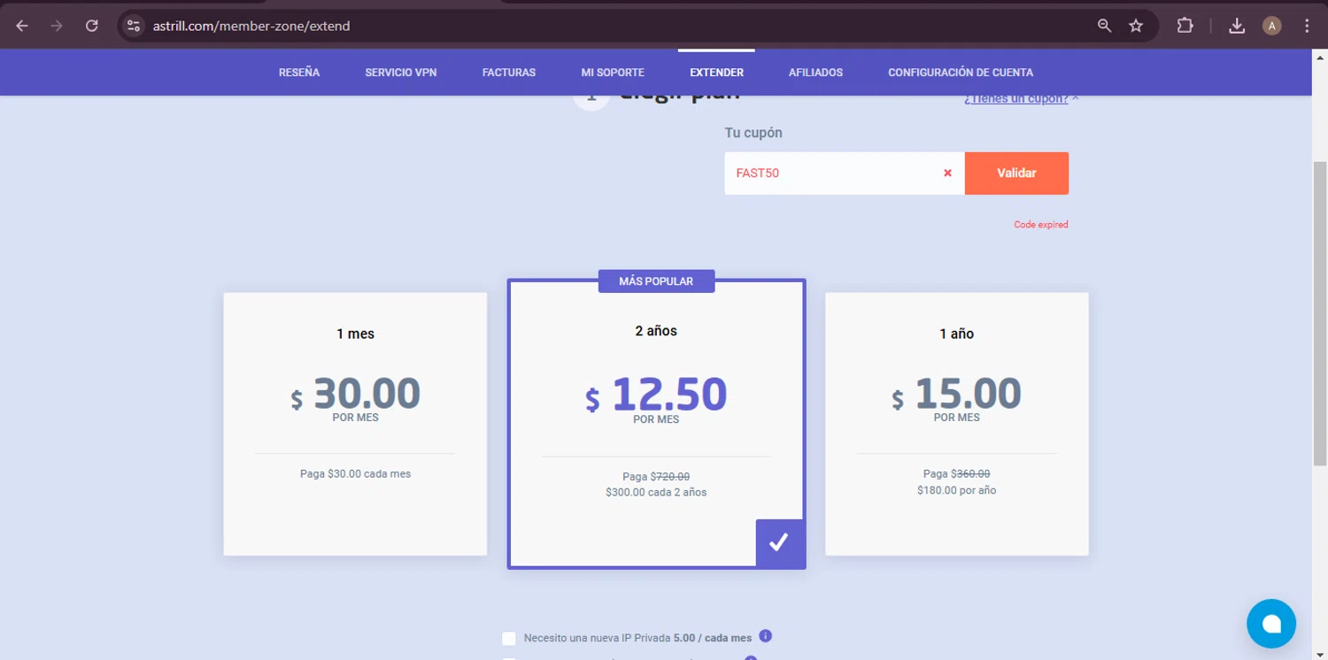 Astrill VPN promo code screenshot showing code FAST50 applied at Astrill VPN checkout page. Uploaded by SimplyCodes community member GoldRanger7896 on Feb 24, 2025