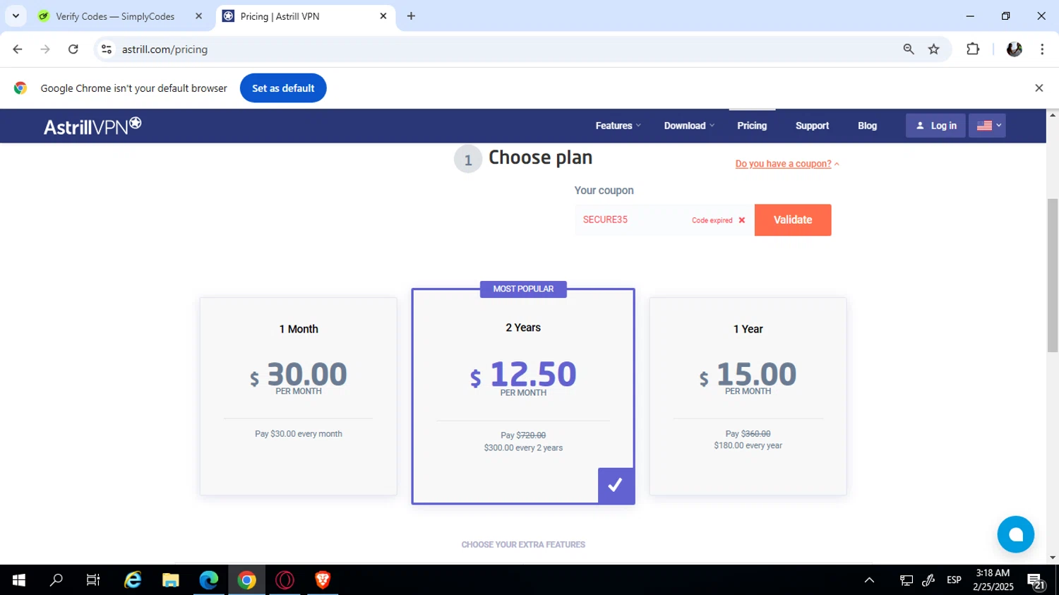 Astrill VPN promo code screenshot showing code SECURE35 applied at Astrill VPN checkout page. Uploaded by SimplyCodes community member SwiftPilot741 on Feb 25, 2025