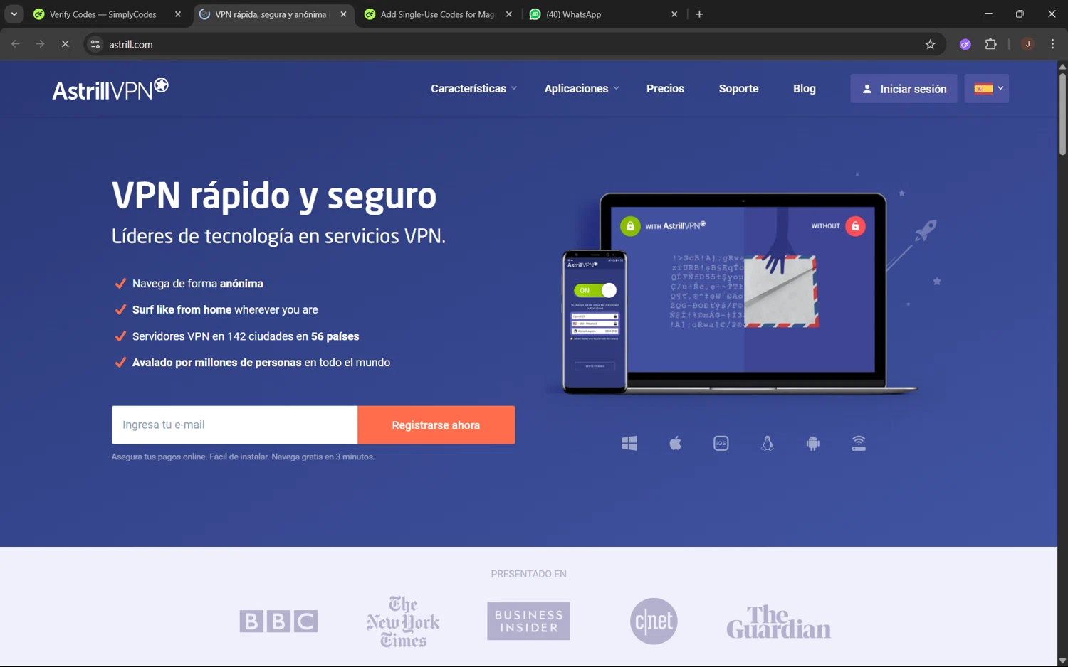 Astrill VPN promo code screenshot showing code SECURE35 applied at Astrill VPN checkout page. Uploaded by SimplyCodes community member juanx1702 on Apr 19, 2025